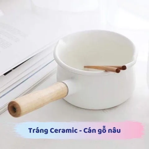 Nồi Sứ Modui Size 16cm (Không Nắp), Quánh Bột Chế Biến Đồ Ăn Dặm Cho Bé, Nồi Chia Vạch Định Lượng, Cán Gỗ Chống Phỏng