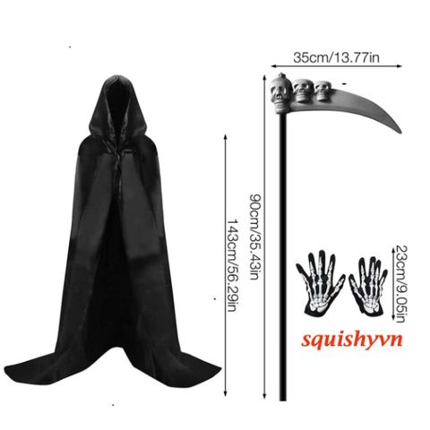 Bộ Trang Phục Thần Chết Kinh Dị Halloween - Bộ 3 Miếng với Áo Choàng, Găng Tay & Mũ Trùm Đầu Cho Tiệc Hóa Trang, Cosplay, Trick or Treat