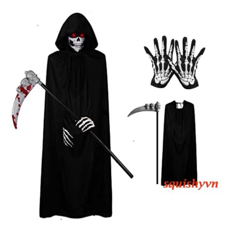 Bộ Trang Phục Thần Chết Kinh Dị Halloween - Bộ 3 Miếng với Áo Choàng, Găng Tay & Mũ Trùm Đầu Cho Tiệc Hóa Trang, Cosplay, Trick or Treat