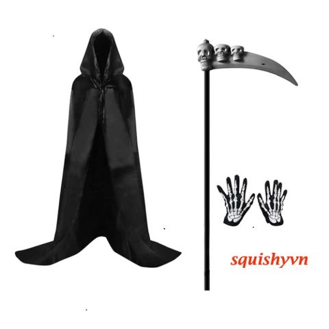 Bộ Trang Phục Thần Chết Kinh Dị Halloween - Bộ 3 Miếng với Áo Choàng, Găng Tay & Mũ Trùm Đầu Cho Tiệc Hóa Trang, Cosplay, Trick or Treat
