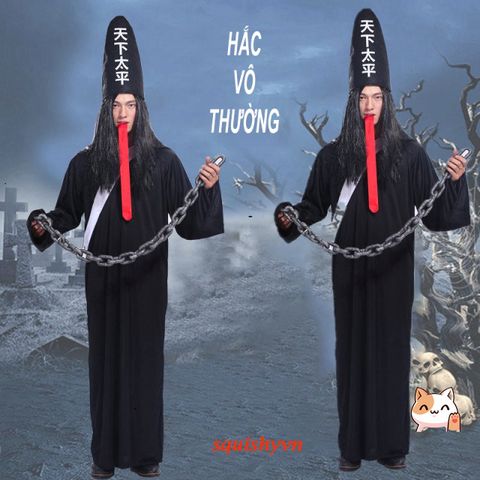 Bộ Trang Phục Cương Thi Bạch Vô Thường Halloween - Áo Choàng Thầy Pháp Sư, Mặt Nạ & Tóc Giả, Lễ Hội Hóa Trang Kinh Dị