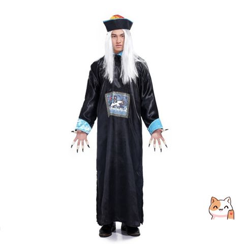 Bộ Trang Phục Cương Thi Bạch Vô Thường Halloween - Áo Choàng Thầy Pháp Sư, Mặt Nạ & Tóc Giả, Lễ Hội Hóa Trang Kinh Dị