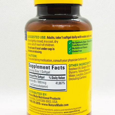 Viên uống bổ sung Vitamin B12 Nature Made 1000mcg - Giúp tăng cường sức khỏe và hỗ trợ chức năng thần kinh, 400 viên
