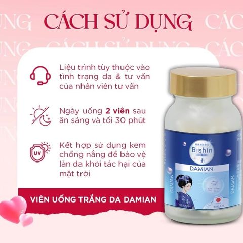 Viên Uống Trắng Da Mờ Nám Damian Chính Hãng - Hộp 60 Viên Collagen, Vitamin, Hyaluronic Acid, Giúp Da Sáng Mịn Khỏe Đẹp