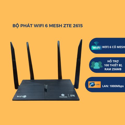Bộ Phát Wifi6 ZTE E2615 chuẩn AX1800Mbps - Router MESH 2 Băng Tần WiFi Xuyên Tường, Hàng Chính Hãng (Cũ) - Bảo Hành 3 Tháng