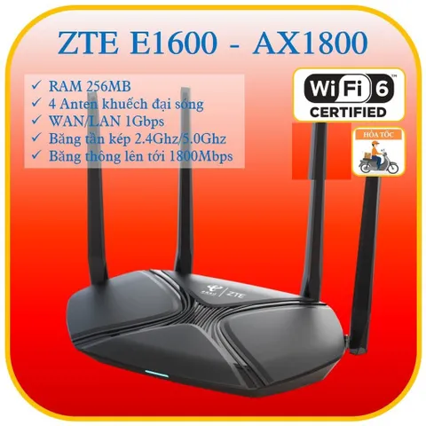 Bộ Phát Router Wifi6 ZTE E1600 AX1800Mbps Chính Hãng - MESH 2 Băng Tần Xuyên Tường, Hỗ Trợ Nhiều Thiết Bị, Bảo Hành 3 Tháng
