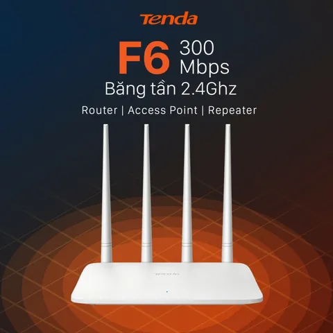 Bộ phát sóng WiFi Tenda F6 Chuẩn N 300Mbps - Thiết kế 4 ăng-ten mạnh mẽ, ổn định cho gia đình và căn hộ nhỏ, hỗ trợ Repeater và hẹn giờ thông minh.