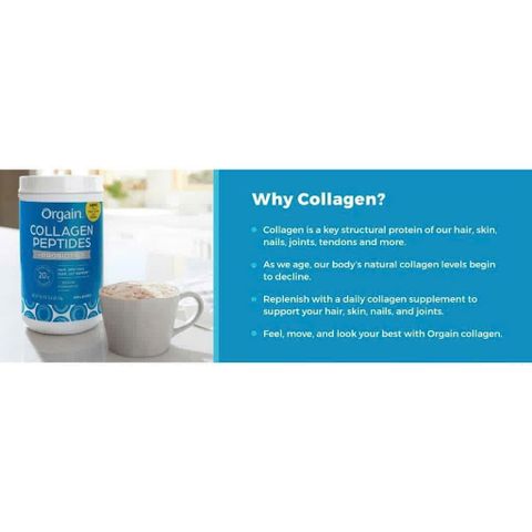 Bột Collagen Peptides Probiotics Orgain 726g - Tăng cường sức khỏe da, tóc, móng và khớp, không hương vị, 100% từ cỏ