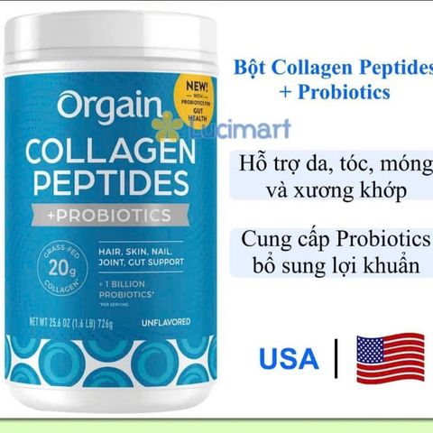 Bột Collagen Peptides Probiotics Orgain 726g - Tăng cường sức khỏe da, tóc, móng và khớp, không hương vị, 100% từ cỏ