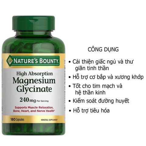 Viên Magnesium Glycinate 240mg - Hỗ trợ giấc ngủ và sức khỏe tổng thể, 180 viên Nature's Bounty nhập khẩu Mỹ