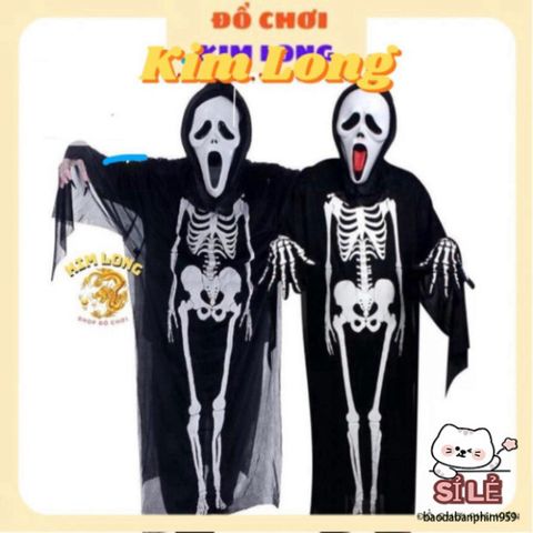 Bộ Trang Phục Halloween 3 Món: Áo Choàng Nón, Găng Tay và Mặt Nạ Hình Bộ Xương Cho Trẻ Em & Người Lớn - Thời Trang Hóa Trang Ma Quái