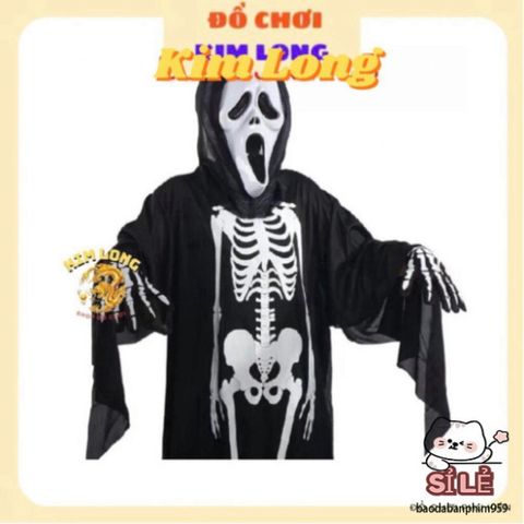 Bộ Trang Phục Halloween 3 Món: Áo Choàng Nón, Găng Tay và Mặt Nạ Hình Bộ Xương Cho Trẻ Em & Người Lớn - Thời Trang Hóa Trang Ma Quái