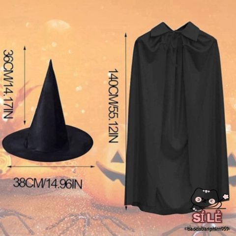 Bộ Áo Choàng và Mũ Phù Thủy Cho Trẻ Em và Người Lớn - Trang Phục Halloween Cosplay Đen Huyền Bí, Phù Hợp Mọi Dịp Lễ Hội