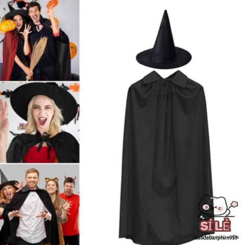 Bộ Áo Choàng và Mũ Phù Thủy Cho Trẻ Em và Người Lớn - Trang Phục Halloween Cosplay Đen Huyền Bí, Phù Hợp Mọi Dịp Lễ Hội