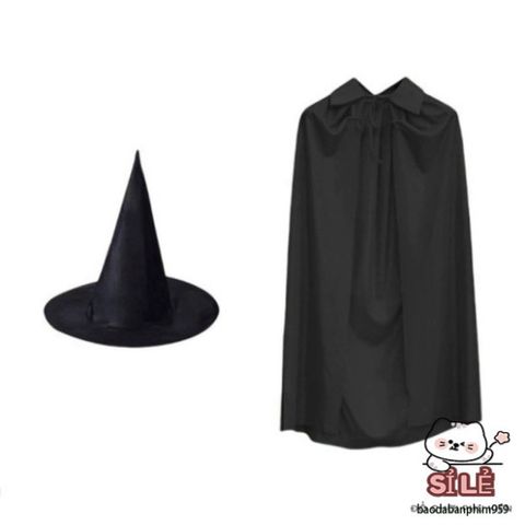 Bộ Áo Choàng và Mũ Phù Thủy Cho Trẻ Em và Người Lớn - Trang Phục Halloween Cosplay Đen Huyền Bí, Phù Hợp Mọi Dịp Lễ Hội