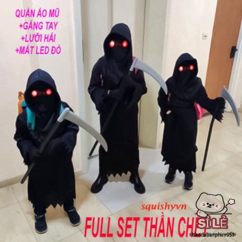 Bộ Trang Phục Thần Chết Đỏ Rực 4 Món với Mắt LED và Lưỡi Hái - Halloween Cosplay Đầy Ma Mị và Ấn Tượng