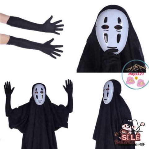 Bộ Cosplay Vô Diện - Áo Choàng, Mặt Nạ & Găng Tay Đen - Trang Phục Halloween Huyền Bí cho Tín Đồ Thích Hóa Trang