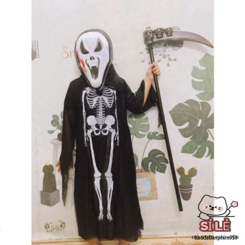Bộ Hóa Trang Thần Chết Halloween - Áo Bộ Xương, Mặt Nạ Ma, Lưỡi Hái Tháo Ráp cho Trẻ Em và Người Lớn - Trang Phục Dự Tiệc Ma Quái