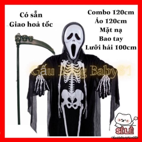 Bộ Hóa Trang Thần Chết Halloween - Áo Bộ Xương, Mặt Nạ Ma, Lưỡi Hái Tháo Ráp cho Trẻ Em và Người Lớn - Trang Phục Dự Tiệc Ma Quái