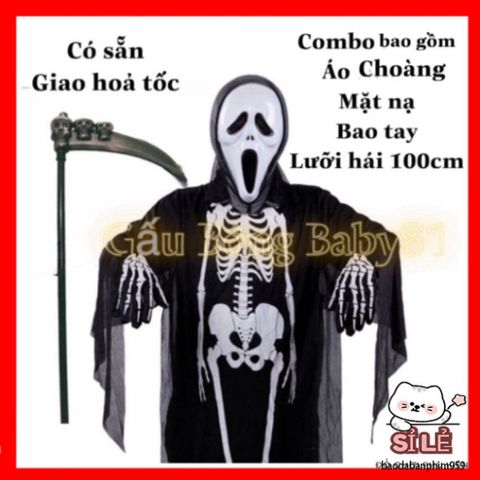Bộ trang phục Halloween Thần Chết - Áo choàng, Mặt nạ, Lưỡi hái và Găng tay - Thế giới ma quái cho bữa tiệc hóa trang