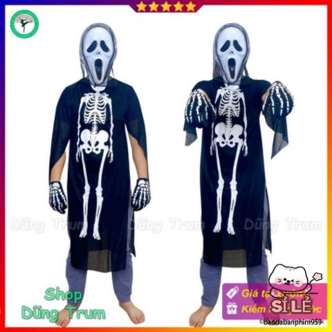 Bộ Trang Phục Halloween Xương Ma Quái - Áo Xương, Mặt Nạ Ma, Găng Tay Xương - Hóa Trang Độc Đáo Nhiều Kích Thước