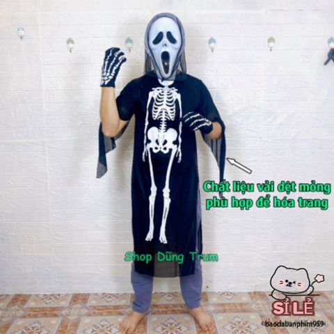 Bộ Trang Phục Halloween Xương Ma Quái - Áo Xương, Mặt Nạ Ma, Găng Tay Xương - Hóa Trang Độc Đáo Nhiều Kích Thước