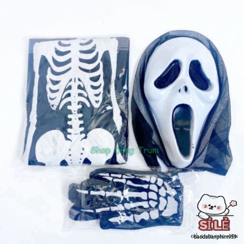 Bộ Trang Phục Halloween Xương Ma Quái - Áo Xương, Mặt Nạ Ma, Găng Tay Xương - Hóa Trang Độc Đáo Nhiều Kích Thước