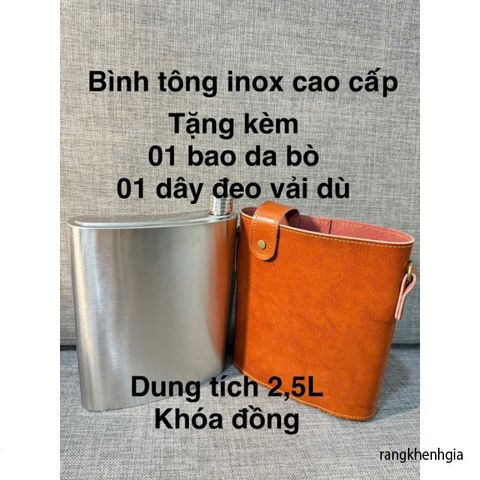 Bình Tông Inox 0.8ly Cao Cấp – Bình Đựng Nước và Rượu Với Bao Da Bò Thật, Khóa Đồng Sang Trọng, Chất Liệu Inox 304