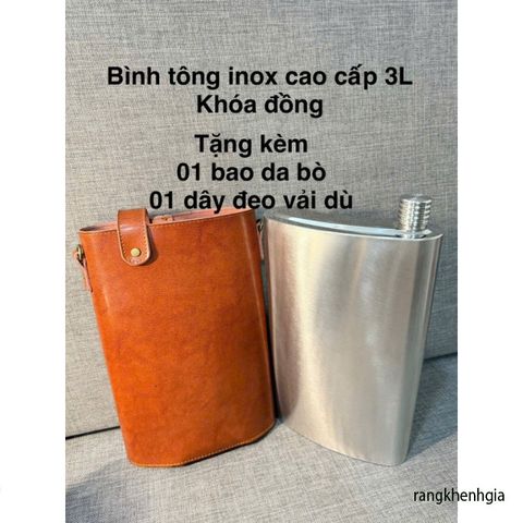 Bình Tông Inox 0.8ly Cao Cấp – Bình Đựng Nước và Rượu Với Bao Da Bò Thật, Khóa Đồng Sang Trọng, Chất Liệu Inox 304