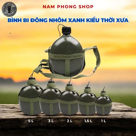 Bình Bi Đông Nhôm Xanh Cổ Điển - Đựng Nước, Rượu Cho Cắm Trại, Phiêu Lưu - Thiết Kế Nắp Xoáy Chắc Chắn, Kèm Bao Đựng Tiện Lợi