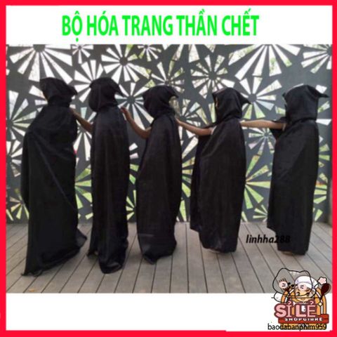 Bộ Trang Phục Thần Chết Halloween Cao Cấp Cho Nam Nữ - Đồ Ma Quái Với Họa Tiết Đầu Xương Đặc Sắc