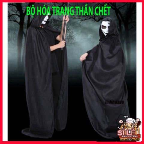 Bộ Trang Phục Thần Chết Halloween Cao Cấp Cho Nam Nữ - Đồ Ma Quái Với Họa Tiết Đầu Xương Đặc Sắc