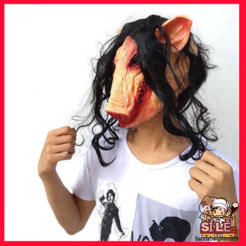 Mặt nạ HEO PIG SAW Halloween - Thiết kế con lợn tóc đen dài - Đồ hóa trang độc đáo cho sự kiện và tiệc tùng