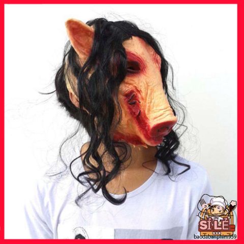 Mặt nạ HEO PIG SAW Halloween - Thiết kế con lợn tóc đen dài - Đồ hóa trang độc đáo cho sự kiện và tiệc tùng