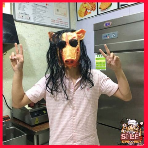 Mặt nạ HEO PIG SAW Halloween - Thiết kế con lợn tóc đen dài - Đồ hóa trang độc đáo cho sự kiện và tiệc tùng