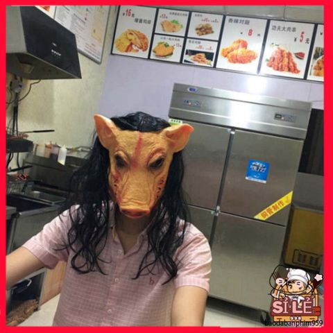 Mặt nạ HEO PIG SAW Halloween - Thiết kế con lợn tóc đen dài - Đồ hóa trang độc đáo cho sự kiện và tiệc tùng