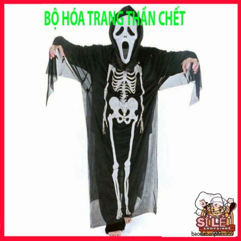 Bộ Trang Phục Halloween Thần Chết - Áo Hình Xương, Găng Tay và Mặt Nạ Ma Quái Chất Liệu Thun Mỏng Cho Tiệc Hóa Trang