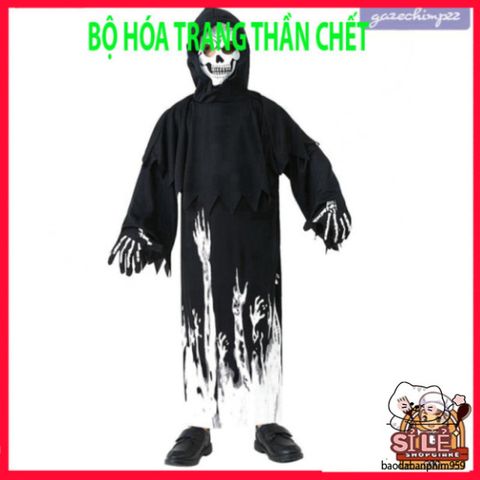 Bộ trang phục Halloween cho trẻ em - Áo choàng Thần Chết phát sáng, mũ và găng tay xương đầu lâu - Thú vị cho các bữa tiệc hóa trang
