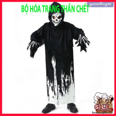 Bộ trang phục Halloween cho trẻ em - Áo choàng Thần Chết phát sáng, mũ và găng tay xương đầu lâu - Thú vị cho các bữa tiệc hóa trang