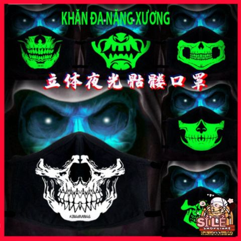 Khẩu Trang Dạ Quang Cotton In Hình Đầu Skull - Phong Cách Xương Độc Đáo, Không Gian Anime Nhật Bản, Thời Trang Halloween