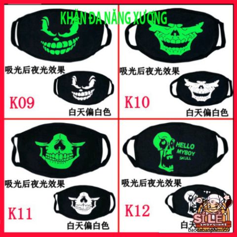 Khẩu Trang Dạ Quang Cotton In Hình Đầu Skull - Phong Cách Xương Độc Đáo, Không Gian Anime Nhật Bản, Thời Trang Halloween