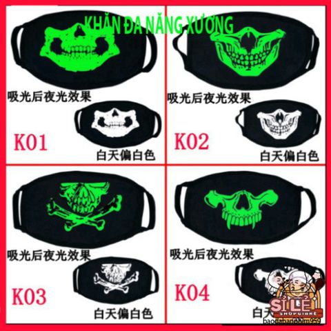 Khẩu Trang Dạ Quang Cotton In Hình Đầu Skull - Phong Cách Xương Độc Đáo, Không Gian Anime Nhật Bản, Thời Trang Halloween