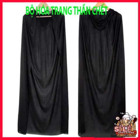 Áo choàng Thần Chết Halloween dài có mũ trùm đen - Phong cách Scream với họa tiết xương đầu lâu ma quái, thời trang độc đáo cho lễ hội.