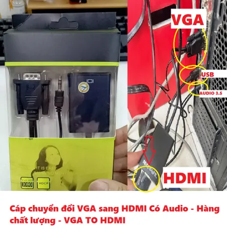 Cáp chuyển đổi VGA sang HDMI có âm thanh - Bộ chuyển đổi chất lượng cao cho máy tính, laptop, tivi và máy chiếu Full HD 1080p