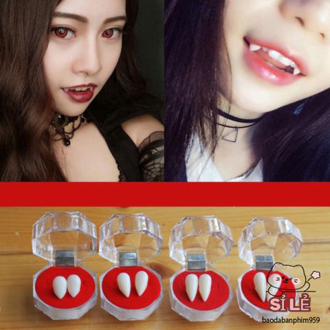 Bộ Răng Nanh Giả Sứ Hóa Trang - Kèm Keo Gắn & 3 Viên Tạo Máu Cho Ma Cà Rồng - Phụ Kiện Halloween Độc Đáo