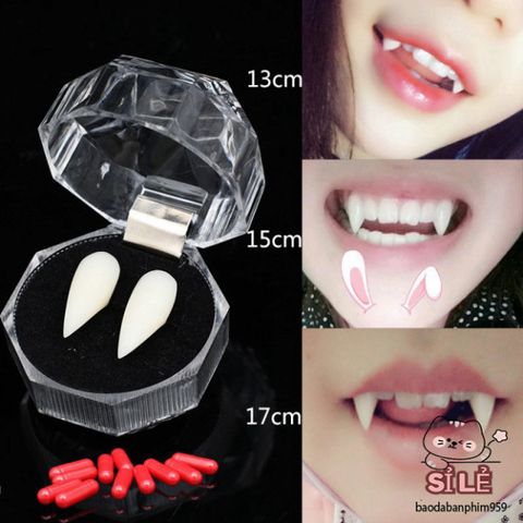 Bộ Răng Nanh Giả Sứ Hóa Trang - Kèm Keo Gắn & 3 Viên Tạo Máu Cho Ma Cà Rồng - Phụ Kiện Halloween Độc Đáo