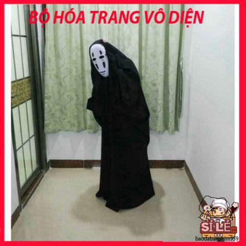 Bộ trang phục cosplay Vô Diện - Áo choàng đen và mặt nạ theo phong cách Spirited Away cho lễ hội và cosplay, kích thước đa dạng cho mọi lứa tuổi.