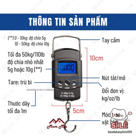 Cân Điện Tử Mini Cầm Tay 50kg - Cân Hành Lý, Cân Câu Cá Tiện Lợi, LCD Hiển Thị Rõ Ràng, Thiết Kế Nhỏ Gọn Dễ Dàng Mang Theo