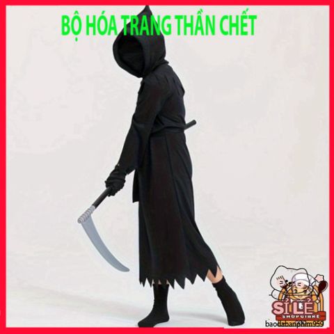 Bộ đồ cải trang thần chết Hades cho trẻ em - Halloween độc đáo với mũ và lưỡi hái, phù hợp cho lễ hội kỳ bí