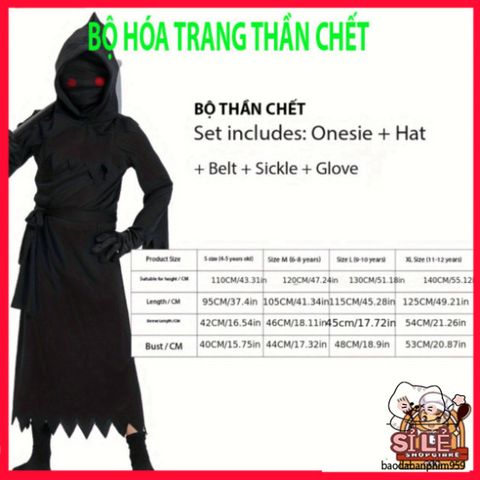Bộ đồ cải trang thần chết Hades cho trẻ em - Halloween độc đáo với mũ và lưỡi hái, phù hợp cho lễ hội kỳ bí